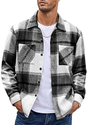 COOFANDY Mens Long Sleeve Flannel Shirts Checked Shirt Mens Checked Jacket with Pockets Black L