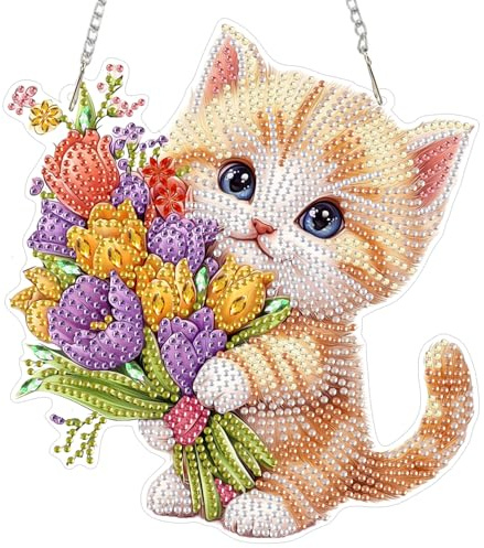 MAXBYE Diamond Painting Pendentif Chat Mignon, Diamond Painting Hanging Images de Fenêtre avec Chaîne, Fleurs Broderie Diamant Pendentif pour Adulte Diamant Art Porte et Fenêtre Décoration 20x20 cm