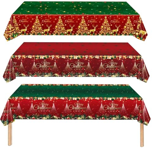 MORAINJAY 3 Piece Christmas Table Cloths,137x274cm Large Plastic Xmas Red Tablecloth for Party Decorations, Rectangular Waterproof Reusable Indoor and Outdoor Table Cover for Christmas Party Supplies