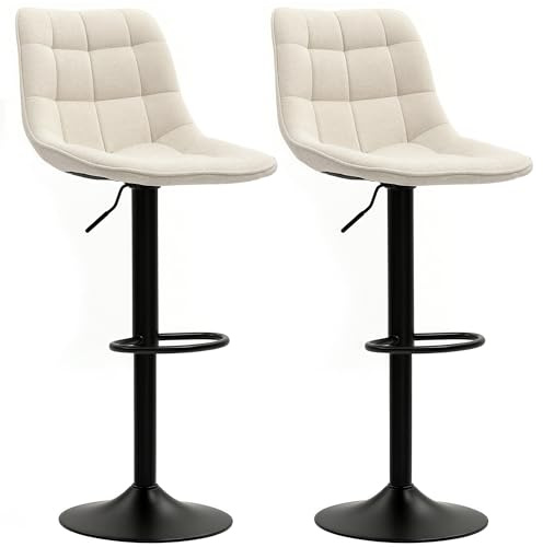 HOMCOM Lot de 2 tabourets de Bar, chaises de Bar en Chenille Hauteur réglable avec Dossier et Repose-Pieds, pivotant 360°, Pieds en Acier, Style Moderne, tabourets Hauts pour Cuisine, Salon, Beige