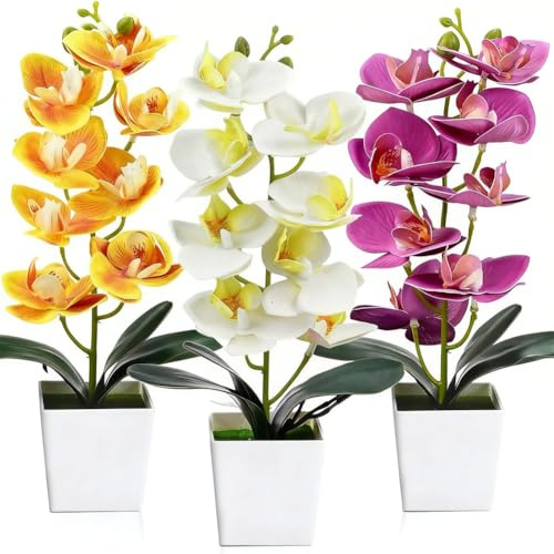 MIUUIPI Set med 3 orkidéer konstgjorda blommor i kruka (30 cm), Phalaenopsis konstgjord växt, vit rosa gul dekorativ blomma som riktiga blommor för vardagsrum kontor dekoration bröllop