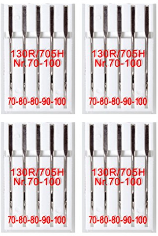 Faden & Nadel Set di 20 aghi per macchina da cucire, universali, diversi spessori, sistema: pistone piatto (130R/705H) – per macchine da cucire domestiche