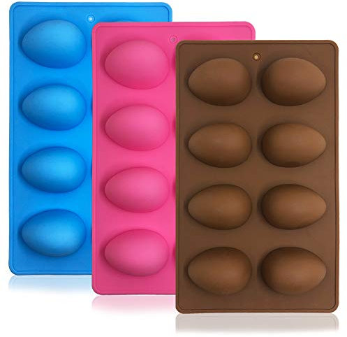 Senhai 3 pezzi Forma di uovo Stampi in silicone, 8-cavità Stampo da forno per cioccolato, Pasticcino, Torta, Focaccina, Pane, Cubetto di ghiaccio, Sapone - Rosa, blu, marrone