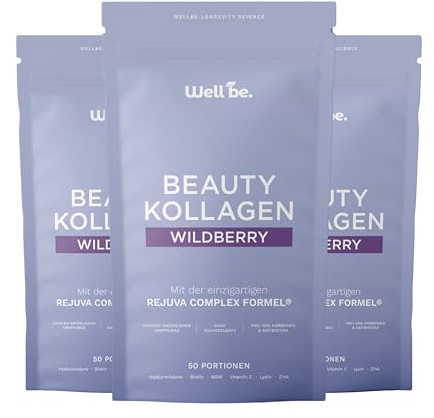 Wellbe Kollagen Pulver Wildberry - hochdosiert mit maximal bioaktivem Kollagen Hydrolysat, Biotin, Zink, Vitamin C & Hyaluron - Collagen Pulver - Kollagenpulver Peptide Made in Germany 3 x 250g