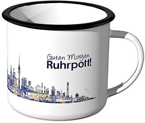 JUNIWORDS Emaille-Tasse, Guten Morgen Ruhrpott, Skyline Nachtlichter, Schwarzer Tassenrand