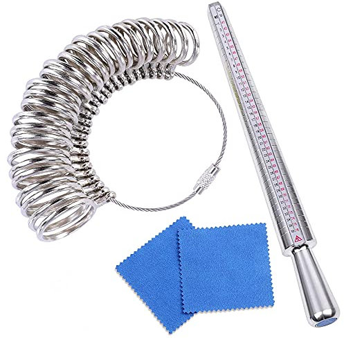 ZoneYan Ringstock, Ringgrößen-Bestimmer, Ring Gauge Stick, Ringgrössenmesser Metall, Metall Ring Sizer Set, Zum Messen der Fingergröße, Größen 41-76, EU Größe, mit 2 Reinigungstücher