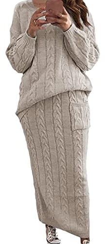 CHARTOU Women's Winter Chunky Cable Knit Long Skirt 2 Piece Outfit Sweater Sets (Medium, Apricot)