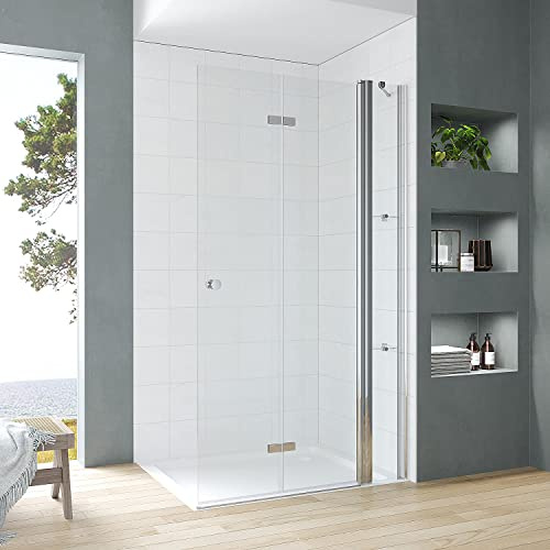 Walk in Duschglas 115 cm Duschabtrennung faltbare Duschwand für Ebenerdige Dusche Duschtür mit Festteil und Eckregalen Falttür Drehfalttür Sicherheitsglas 5 mm klar | Öffnungsseite OHNE Wandprofil