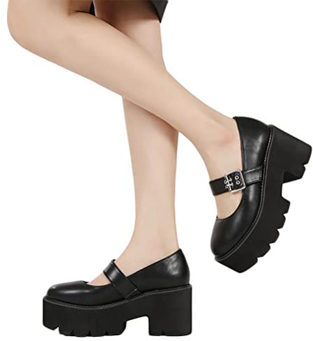 Onsoyours Damen Klobige Plattform Mary Jane Schuhe Retro Schnallenriemen Runde Zehen Plattform Mund Süße Lolita Prinzessin Schuhe D Schwarz 40 EU
