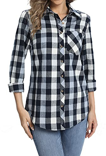 fuinloth Blusas y Camisas para Mujer Camisa Cuadros Abrigo Franela Manga Larga Botones Blusa con Cuello en V BLU L 40-42