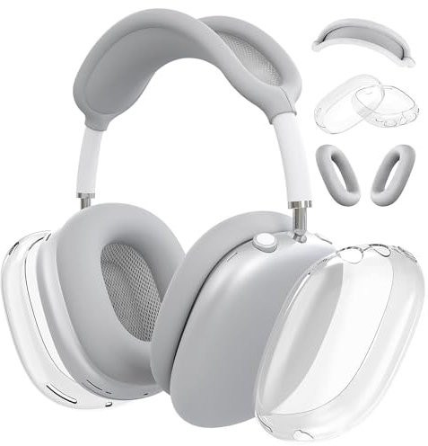 MOLOPPO Schutzhülle für AirPods Max Kopfhörer, Silikon-Ohrpolster/Kopfbandabdeckung/klare weiche TPU-Ohrmuscheln, [3 in 1] Zubehör Schutz für Apple für AirPod Max (2024/2020), Silbergrau