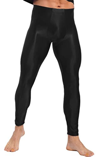 YiZYiF Herren Öl Glänzend Leggings Sport Glossy Glatte Nylon Strumpfhosen Hose Stretch Sport Kompressionshose Fitness Laufhose Unterhose Schwarz M