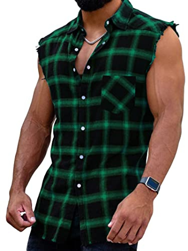 Chemise à carreaux sans manches pour homme - Chemise à carreaux - Chemise sans manches - Coupe droite - Chemise en flanelle - Chemise d'été en coton - T-shirt - Débardeur - Chemise de loisirs, XXL