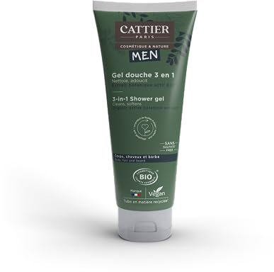 Cattier Men - Gel doccia da uomo, 3 in 1, biologico, per capelli, corpo e barba, 200 ml