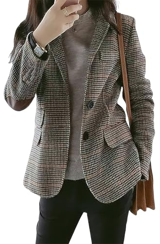 Leyoutx Women's Fashion Notched Lapel Wool Plaid Blazer Slim Long Sleeve Jacket with Elbow Patch (Large, Khaki)