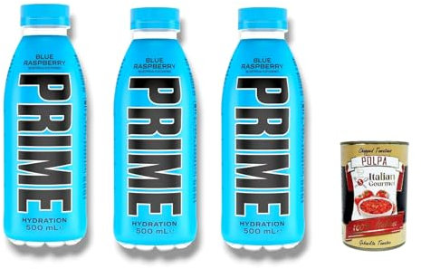 Prime Energy Drink Blue Raspberry Geschmack, 3 Stück, 500ml energy drink Einweg flasche + Italian Gourmet polpa 400g