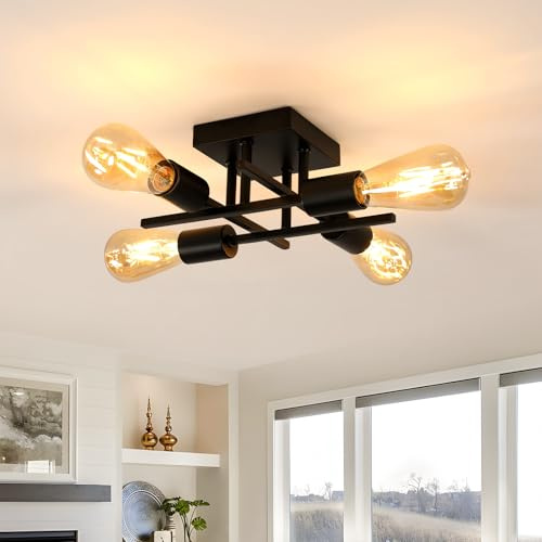 Comely Lampadario Industriale Vintage, 4 Luci Plafoniera Sputnik E27 in Metallo, Nero Lampada da Soffitto Moderno per Camera da Letto, Soggiorno, Cucina, Corridoio