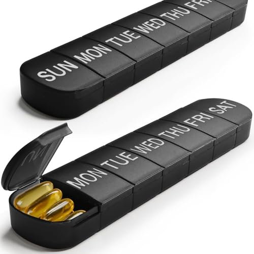 JUNIPLTER 2 PCS Pill Boxes 7 Day 1 Times A Day, Weekly Pill Organiser, Travel Pill Box, Easy Open Medication Organizer, Large Pill Box Organiser Pill Holder for Vitamins Supplements (Black)