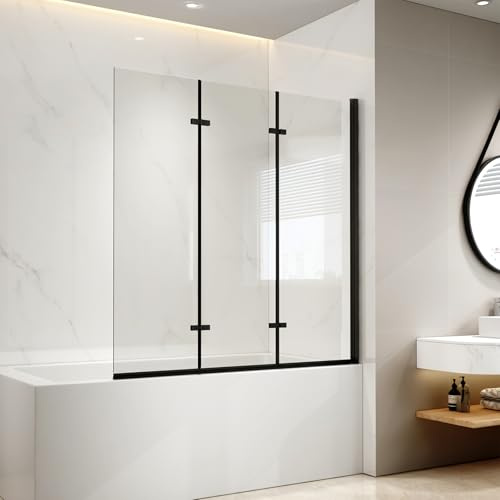 EMKE Mampara de ducha para bañera, 120 x 140 cm, color negro, accesorio de 3 piezas, plegable, mampara de ducha para bañera, mampara plegable de 6 mm, cristal de seguridad