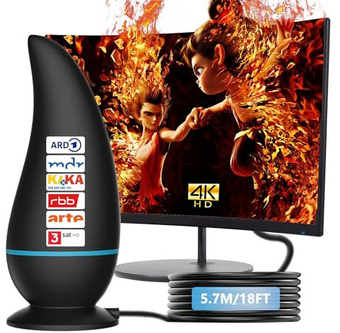 DVB-T/DVB-T2-Antenne, Rewave TV Antenne, HDTV Zimmerantenne für Fernseher Großer Reichweite und 360° Empfang verstärkte Unterstützung Signalverstärker für 4K HD-Lokalkanäle und alle älteren Fernseher