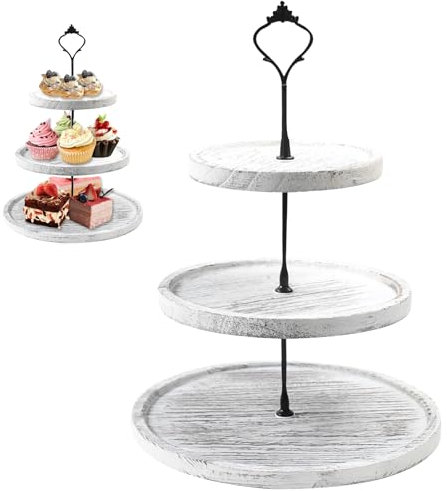 YedZen 3 våningar, runt trä, våningar, tårtställ, 3 våningar, vita, cupcake-stativ med metallhandtag, tårtställ för bröllop, födelsedagsfest, bordsdekoration, dessert, serveringsställ, kakfat