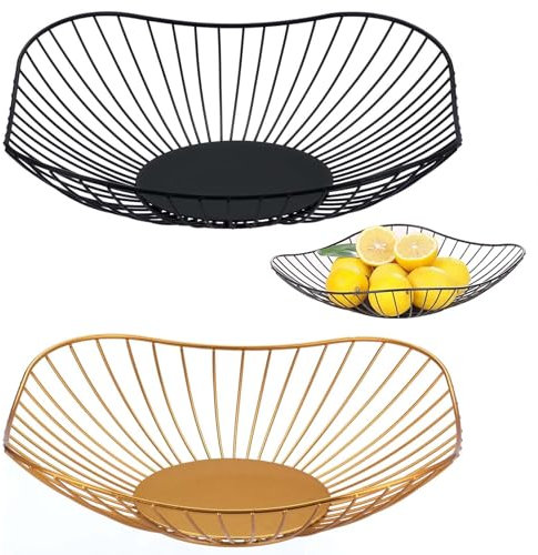 2 Piezas Fruteros, Negros y Dorados Fruteros para Mesa, Frutero Grande Sobremesa, Cesta Fruta, Fruit Basket, Frutero Grande Sobremesa para Frutas Verduras Snack