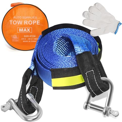 5m Tow Rope,Heavy Duty Tow Strap With Reflective Strips, Car Essential Towing Strap With 2 U-Shaped Carbon Steel Hook,Portable Tow Bar For Cars，Vans, Boat,Camper,Max 8 Tonnes Load Capacity