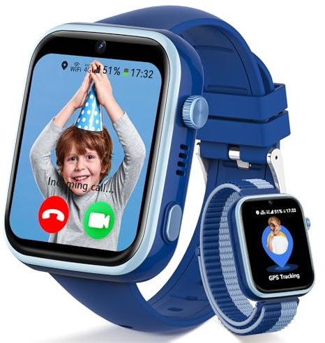 Fitnynxos 4G Montre Connectée Enfant, Smartwatch Enfant avec GPS et Téléphone, Appel Vidéo, SOS, Mode Classe, Whatsapp, WiFi, IP68, SIM, Podomètre, Réveil, Montre Intelligente Garcon/Fille, Bleu
