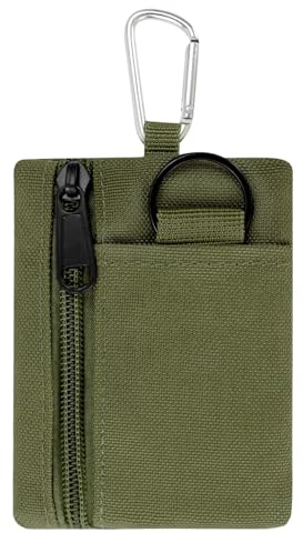 Mini Coin Purse for Men & Women - Canvas Zip Pouch with Carabiner, Key Ring, Small Zipper Wallet for Cash Cards (Green)