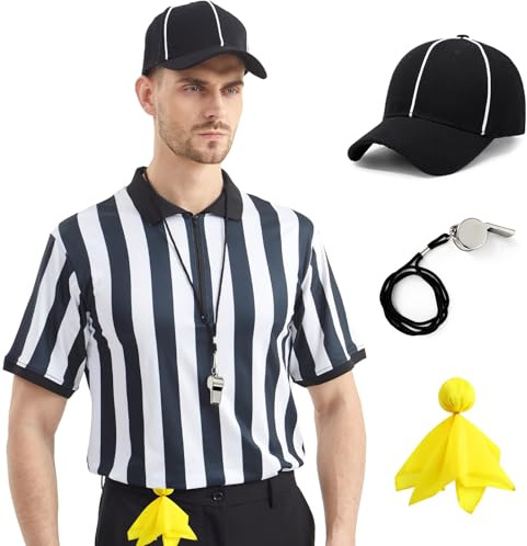 Referee Shirt for Men & Women, 4-Piece Ref Uniform Set with Zipper Collar, Whistle, Hat & Penally Flag for Football & Soccer (Medium)