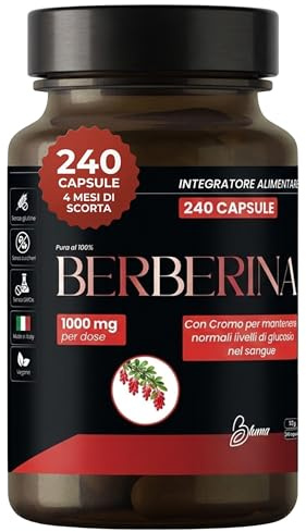 Berberina 1000mg Pura – 240 Capsule Vegane (4 Mesi) – Berberis Aristata 98% con Pepe Nero e Cromo – Supporto Metabolismo dei Macronutrienti e Livelli di Glucosio – Integratore Naturale Alto Dosaggio