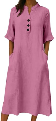 Vestido de verano largo para mujer, vestido maxi de manga corta, con botones, elegante, túnica, verano, holgado, vestido de playa, vestido de ocio, ligero, transpirable, vestido de verano monocolor