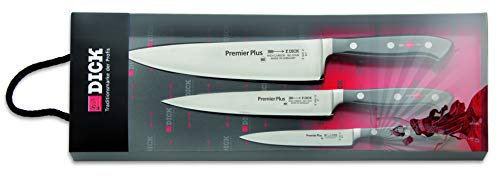 F. DICK Messerset Premier Plus 3-TLG. (Officemesser 12 cm, Kochmesser 21 cm, Tranchiermesser 18 cm, X50CrMoV15 Stahl, nichtrostend, 56° HRC) 81098000, Schwarz