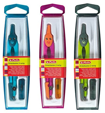 Herlitz Schulzirkel, robuster Zirkel für Schüler, Metallspitze, ideal für Mathematik und Geometrie, Ersatzminen, Mix Farben,