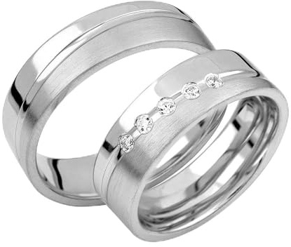 JC Trauringe 925er Sterling Silber Paar-Preis I Ehe-Ringe mit kostenloser Gravur I Verlobungsringe 6 mm breit mit Etui-Box I Herren-Ring ohne & Damen-Ring mit 5 Zirkonia-Steinen I Gr. 48 bis 72 I S071