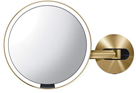simplehuman Sensor Mirror, Wall Mount Makeup Mirror with Light, 8 Round Lighted with Magnification (5X), Hard Wired, Swing Arm, Brass Stainless Steel