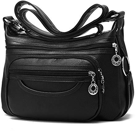 NOTAG Damen Umhängetasche, PU Leder Mehrere Taschen Schultertasche Leicht Handtasche (Schwarz)