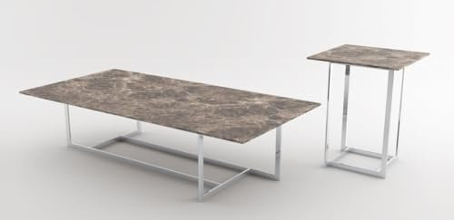 Casa Padrino Conjunto de Sala de Estar de Lujo Plata/marrón - 1 Mesa de Café con Encimera de Mármol y 1 Mesa Auxiliar con Encimera de Mármol - Muebles de Sala - Calidad de Lujo