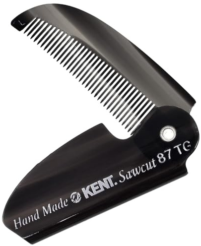 Kent 87T Black Graphite Handmade Folding Pocket Comb for Men, Fine Tooth Hair Comb Straightener for Everyday Grooming Styling Hair, Beard or Mustache, Saw Cut Hand Polished, Made in England