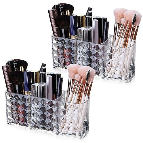 BNGXR 2 Pezzi Portapennelli da Trucco, 3 Scomparti Acrilico Cristallo Cosmetici Organizer, Trasparente Organizer Pennelli, per Trucco, Casa, Bagno