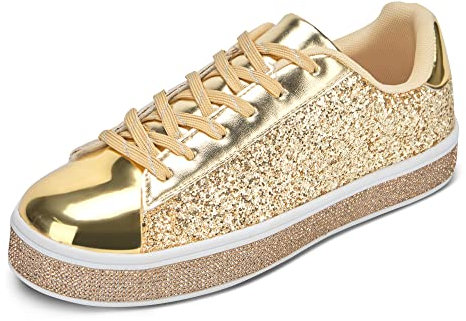 UUBARIS Damen-Tennis-Sneaker, glitzernd, neonfarben, glitzernd, Strass, Bling, Hochzeit, Brautschuhe, glänzende Paillettenschuhe, Gold / Glitzer, 39 EU