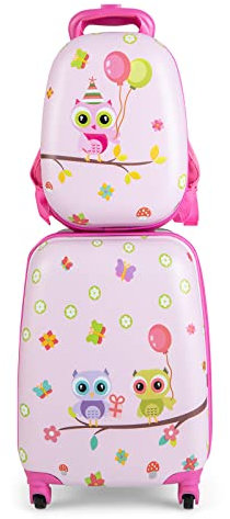 COSTWAY 2tlg Kinderkoffer + Rucksack, Kindertrolley aus Kunststoff, Kindergepäck, Kinder Kofferset Handgepäck Reisegepäck Hartschalenkoffer für Jungen & Mädchen (Rosa Vögelchen, 12+16)