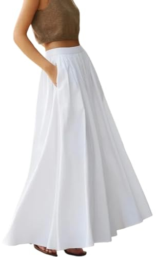 Jupe Blanche Taille Haute, Jupe Maxi Fluide Blanche pour Femmes, Jupes Maxi pour Femmes, Jupes Taille Haute élastiques Plissées D’été avec Poches (Blanc,L)