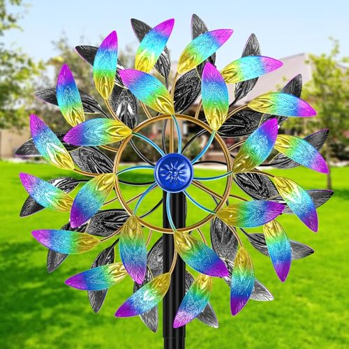 VeyFolzin.st Metal Outdoor Wind Spinner, 2-Way Wind Sculpture Spinner with Metal Stake, Waterproof 360 Degrees Kinetic Windmill Art Decoration for Patio Garden Lawn (A- Colorful)