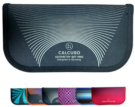 CALCUSO JUEGO DE GEOMETRÍA PRO en un estuche negro con compás y transportador - Estuche práctico para escuela, universidad, oficina y dibujos - Ideal como set de geometría para la escuela