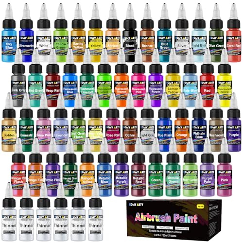 HOMY ARTY Pintura de Aerógrafo, 54 Colores Acrílico con 6 Diluyentes de Aerógrafo, a Base de Agua, Pintura Aerógrafo para Metal, Modelos de Plástico, Lienzo