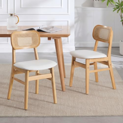 Ya-Home Lot de 2 Chaise de Salle à Manger en Rotin avec Coussin Chaise de Cuisine en Bois Chaise Rembourrée en Bois, Cuir PU, Blanc