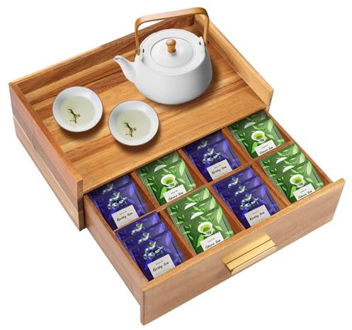 shaojian Tea Bag Organiser 12 Compartments Large Capacity Wooden Tea Bag Storage Box with Removable Drawer and Top Tray, Multi-Functional Coffee Station Chest for Countertop
