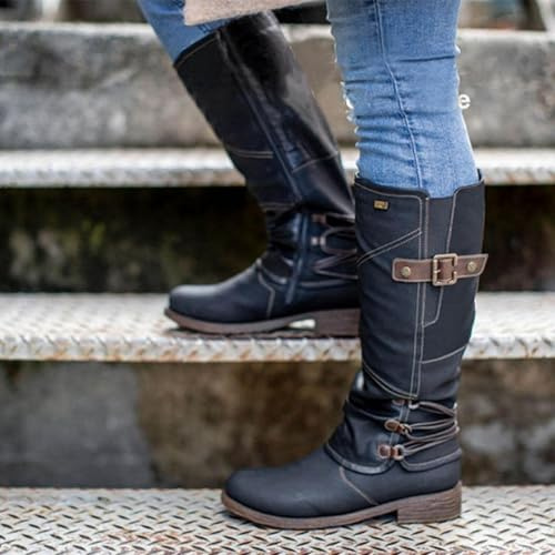 Womens Knee High Boots For Women Mid Calf Chunky Heel Slip On Round Toe Boots With Low Heel Dressy Vintage Leather Ankle Biker Riding Combat Wide Calf Winter Booties For Ladies