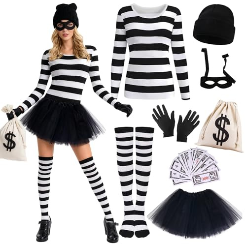 Xerteam 8 Pcs Burglar Costume Women Set, Robber Costume Fancy Dress, Adult Robber Thief Outfits with Hat Mask Top Tutu Skirt Socks Gloves Wallet Fake Bills for Women Cosplay Halloween Carnival (M)